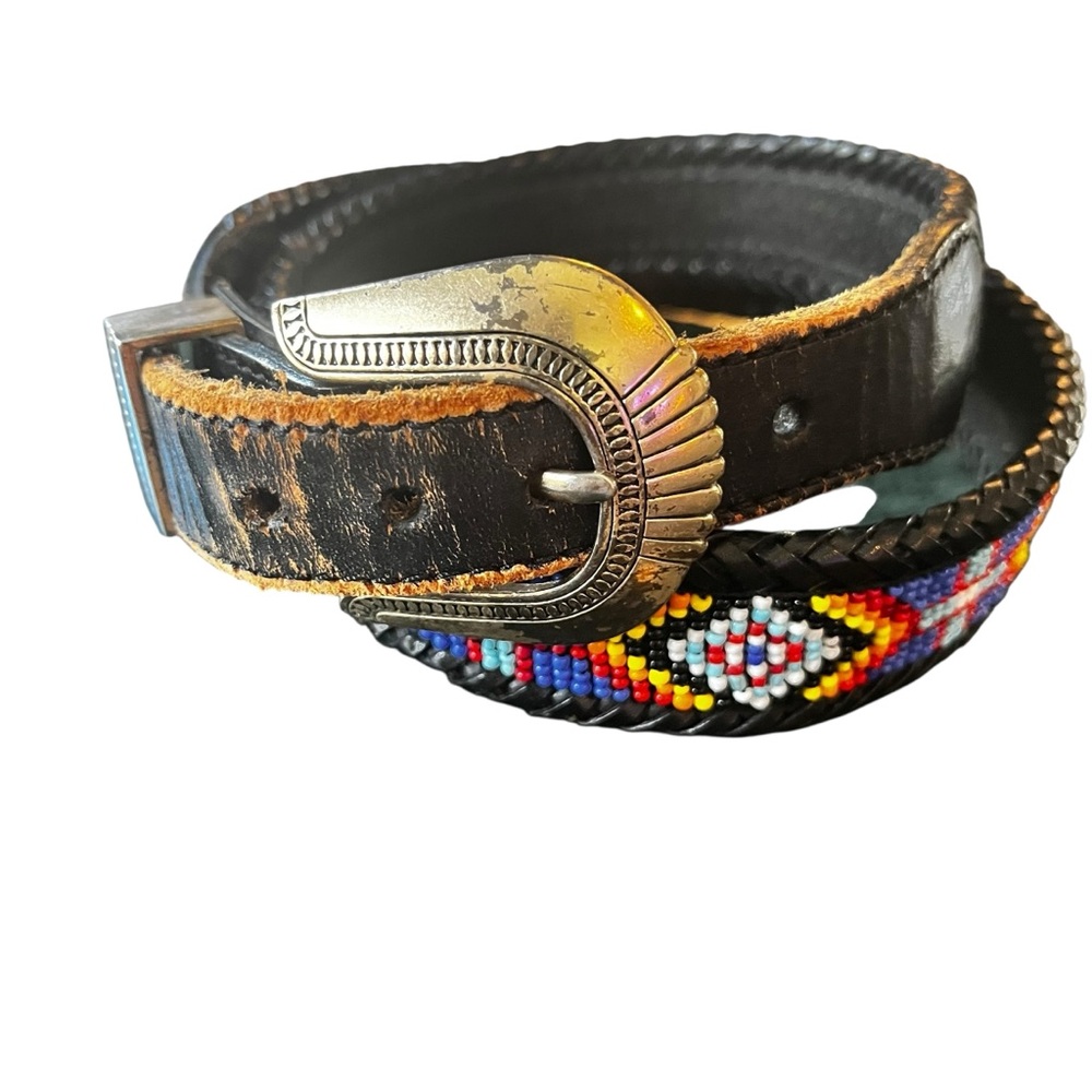 90s 3 Piece Metal L.L. Bean Beaded Leather Belt- 28"-30"